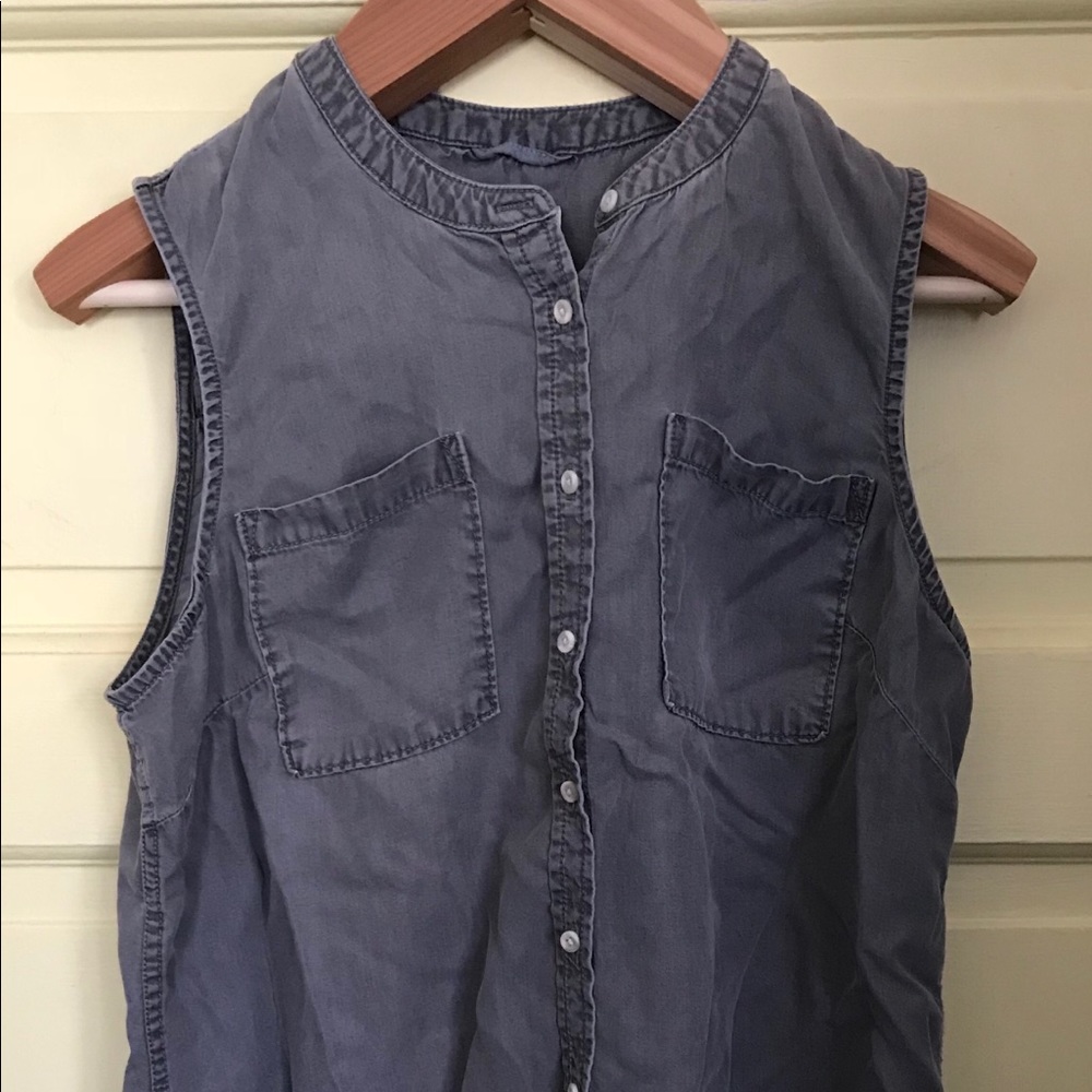 Grey Denim Look Collarless Button Up Tunic sz L